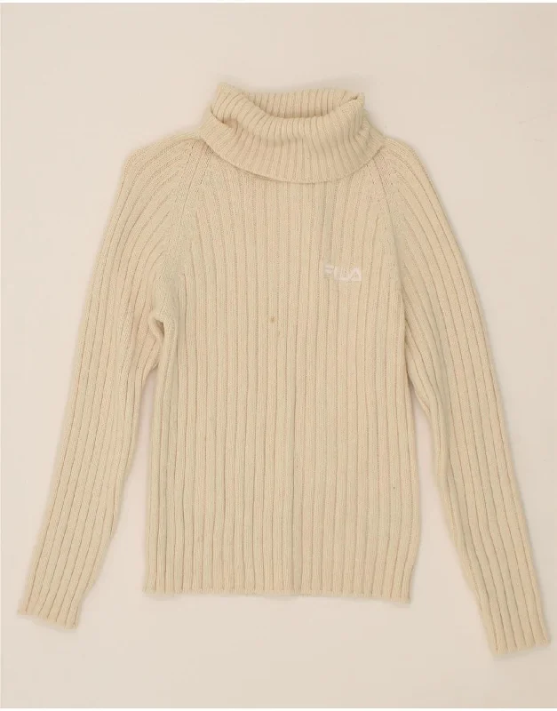 FILA Womens Roll Neck Jumper Sweater UK 12 Medium Off White Acrylic Boxy Sweater Fitted Sweater A-Line