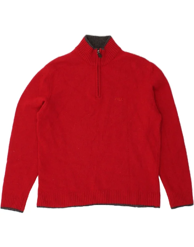 FILA Womens Zip Neck Jumper Sweater UK 14 Large Red Wool Lace Blend Ribbed Blend Corduroy Blend