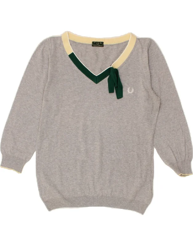 FRED PERRY Womens 3/4 Sleeve V-Neck Jumper Sweater UK 18 XL Grey Cotton Glossy Satin Silk