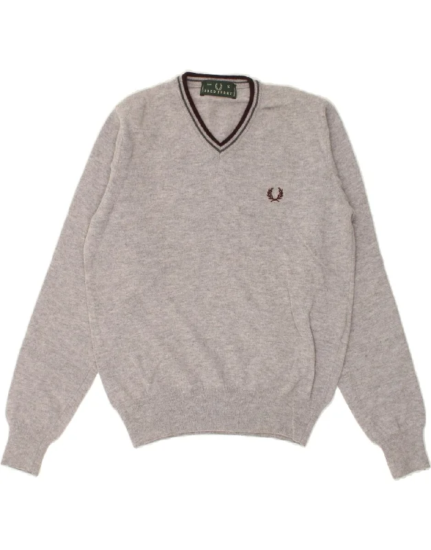 FRED PERRY Womens V-Neck Jumper Sweater UK 10 Small Grey Wool Graphic Sweater Embroidered Appliqued