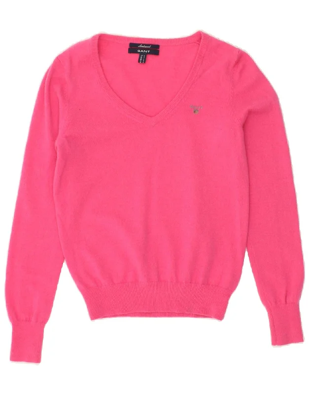 GANT Womens V-Neck Jumper Sweater UK 10 Small Pink Lambswool Fitted Loose Oversized