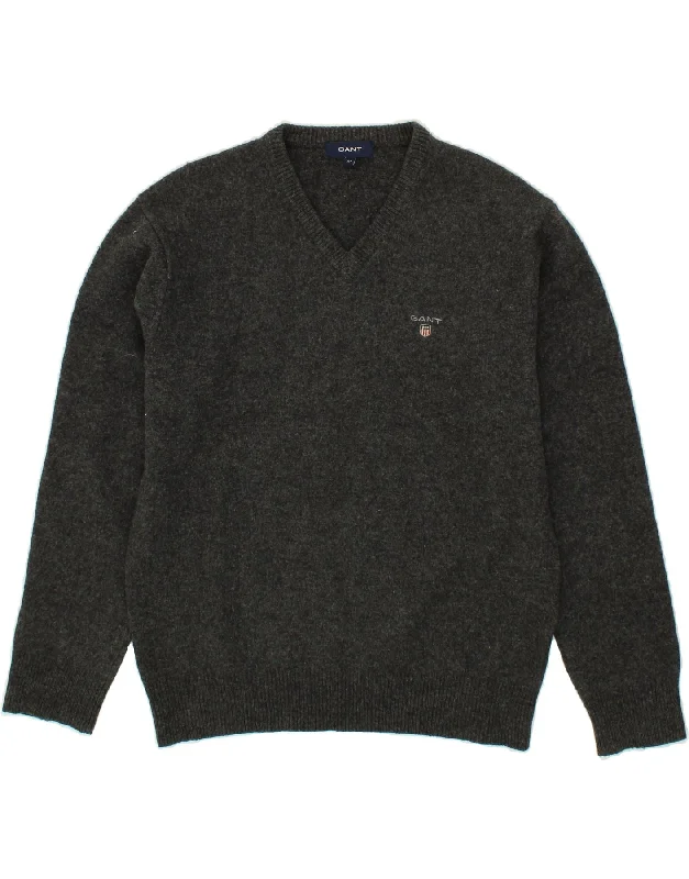 GANT Womens V-Neck Jumper Sweater UK 12 Medium Grey Lambswool Print Jacquard Patchwork