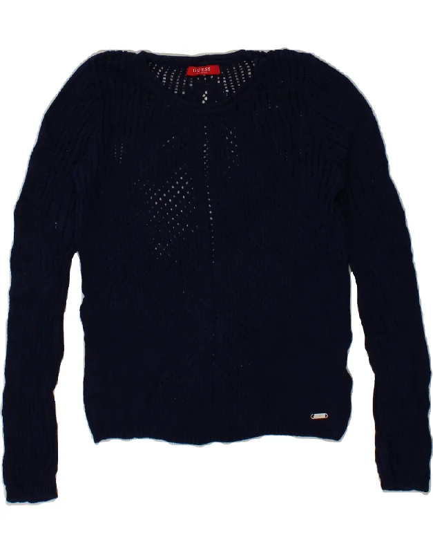 GUESS Womens Boat Neck Jumper Sweater UK 10 Small Navy Blue Cotton Cashmere Blend Cotton Blend Poly Blend