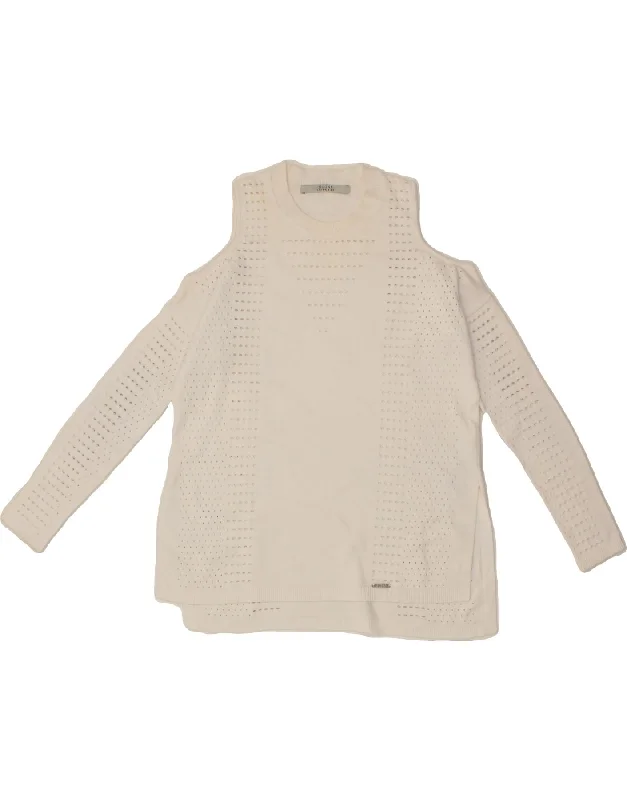 GUESS Womens Crew Neck Jumper Sweater UK 4 XS  White Viscose Stretchy Elastic Breathable