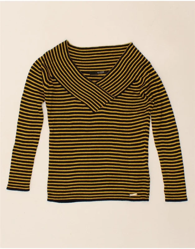 GUESS Womens Crop V-Neck Jumper Sweater UK 6 XS Yellow Striped Viscose Herringbone Houndstooth Plaid