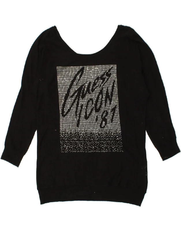 GUESS Womens Longline Graphic Boat Neck Jumper Sweater UK 14 Large Black Welt Pockets Slit Pockets Flap Pockets GUESS Womens Longline Graphic Boat Neck Jumper Sweater UK 14 Large Black Welt Pockets Slit Pockets Flap Pockets