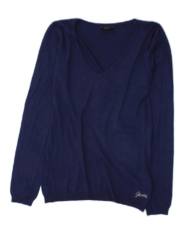 GUESS Womens V-Neck Jumper Sweater UK 12 Medium Navy Blue Viscose Wool Fabric Cashmere Fabric Tweed Fabric GUESS Womens V-Neck Jumper Sweater UK 12 Medium Navy Blue Viscose Wool Fabric Cashmere Fabric Tweed Fabric