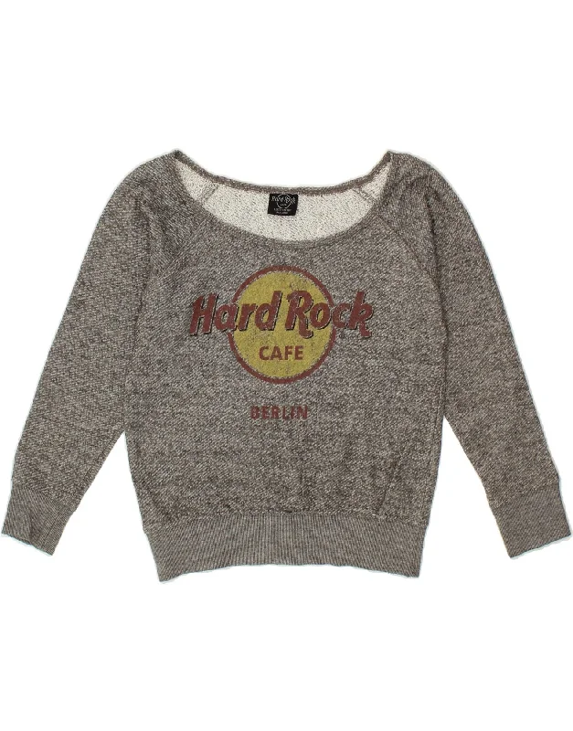 HARD ROCK CAFE Womens Berlin Graphic Boat Neck Jumper Sweater UK 6 XS Grey Casual Formal Business