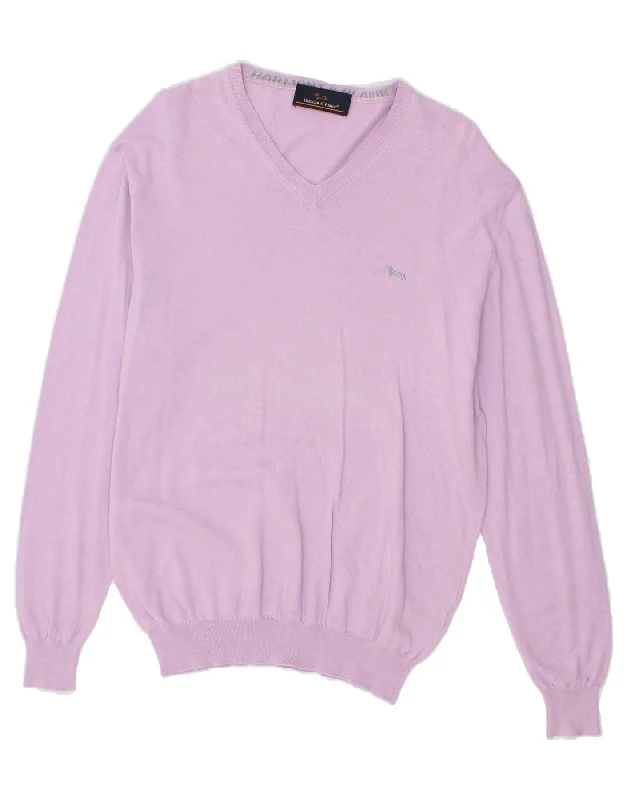 HARMONT & BLAINE Womens V-Neck Jumper Sweater UK 16 Large Purple Cotton Velvet Chenille Corduroy