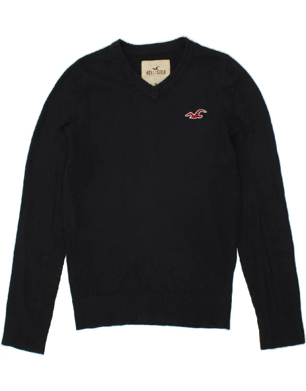 HOLLISTER Womens V-Neck Jumper Sweater UK 14 Medium Navy Blue Cotton Knit Fabric Woven Fabric Fleece Fabric HOLLISTER Womens V-Neck Jumper Sweater UK 14 Medium Navy Blue Cotton Knit Fabric Woven Fabric Fleece Fabric
