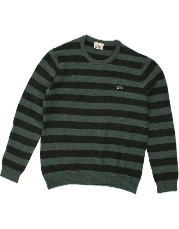 LACOSTE Womens Crew Neck Jumper Sweater Size 5 Large Green Striped Boxy Sweater Fitted Sweater A-Line
