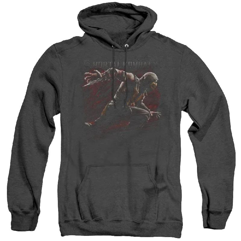 Mortal Kombat Scorpion Lunge - Heather Pullover Hoodie Saggy Sleeve Comfort