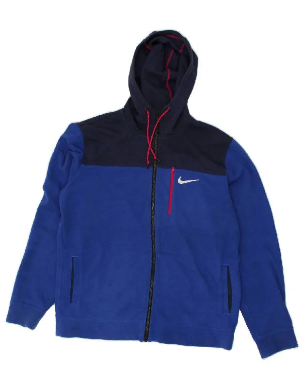 NIKE Mens Zip Hoodie Sweater Large Blue Colourblock Cotton Front Pockets Side Pockets Patch Pockets