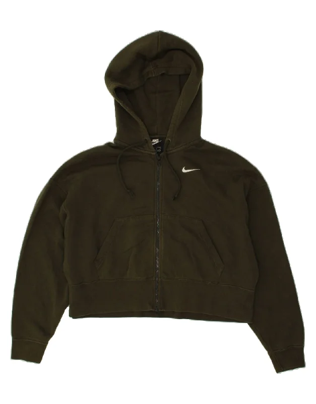 NIKE Womens Oversized Crop Zip Hoodie Sweater UK 10 Small Green Cotton Lightweight Heavyweight Midweight