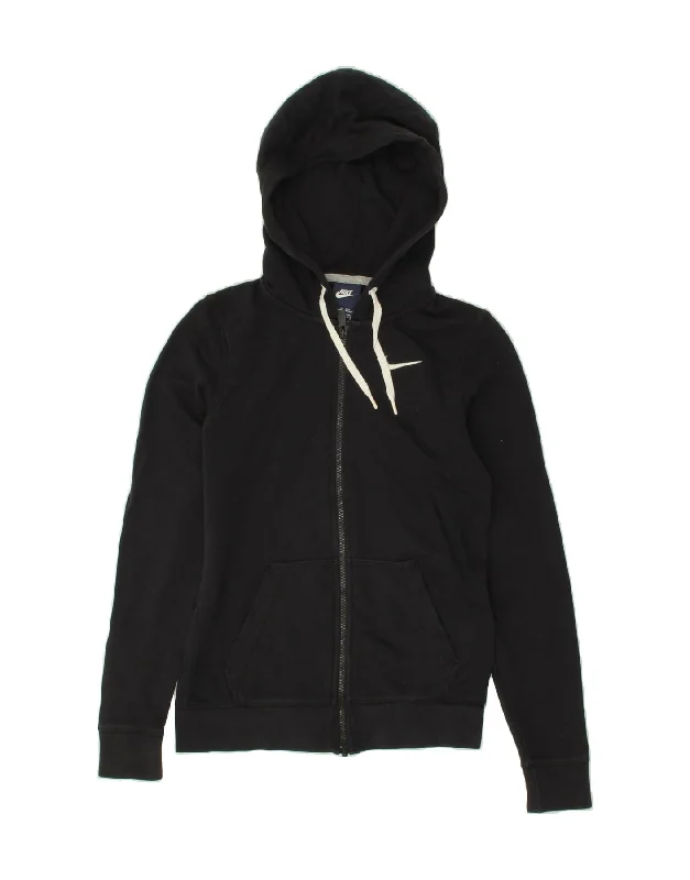 NIKE Womens Zip Hoodie Sweater UK 6 XS Black Cotton Fleece Sweater Nylon Polyester