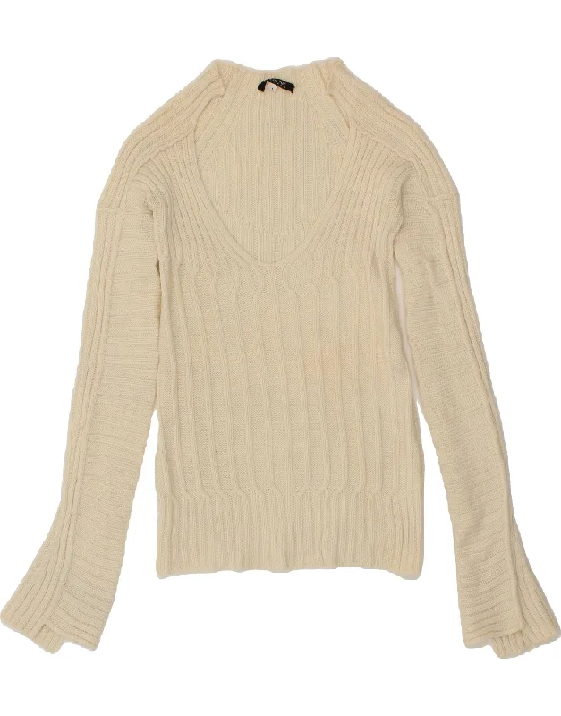PATRIZIA PEPE FIRENZE Womens V-Neck Jumper Sweater UK 10 Small Beige Wool Beaded Sweater Sequined Faux Fur