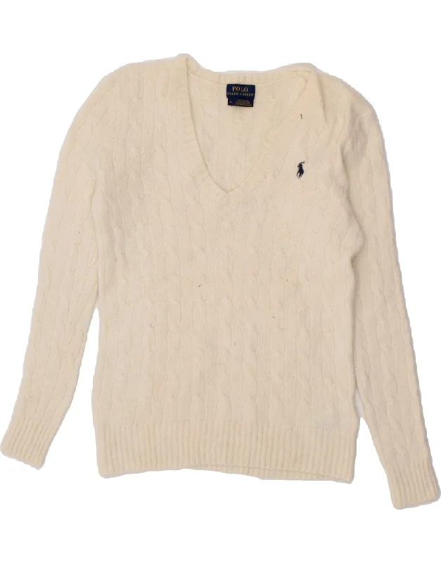 POLO RALPH LAUREN Womens V-Neck Jumper Sweater UK 12 Medium Beige Wool Transparent Opaque Sheer