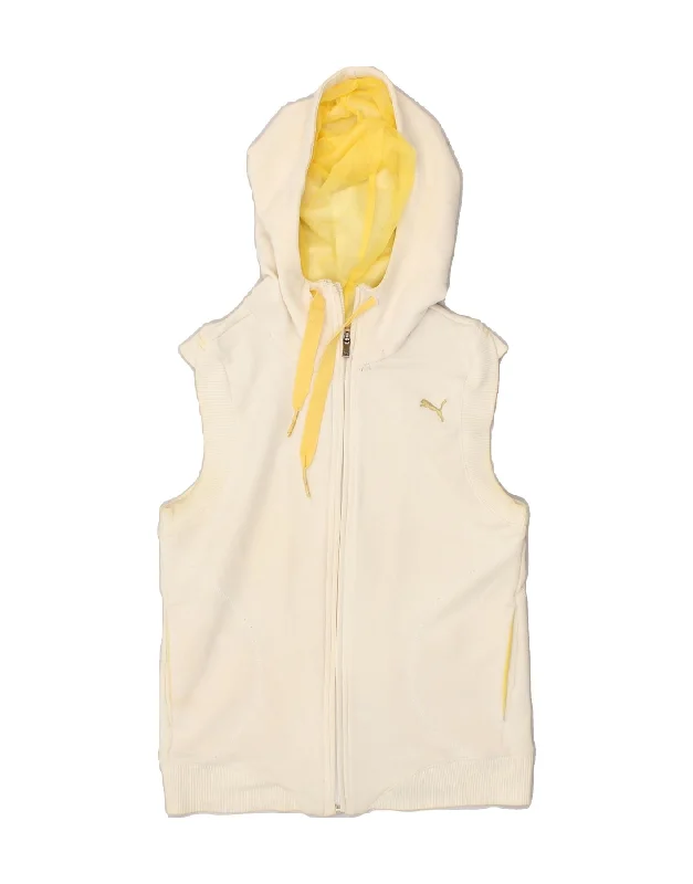 PUMA Womens Graphic Sleeveless Zip Hoodie Sweater UK 8 Small Off White Wool Fabric Cashmere Fabric Tweed Fabric