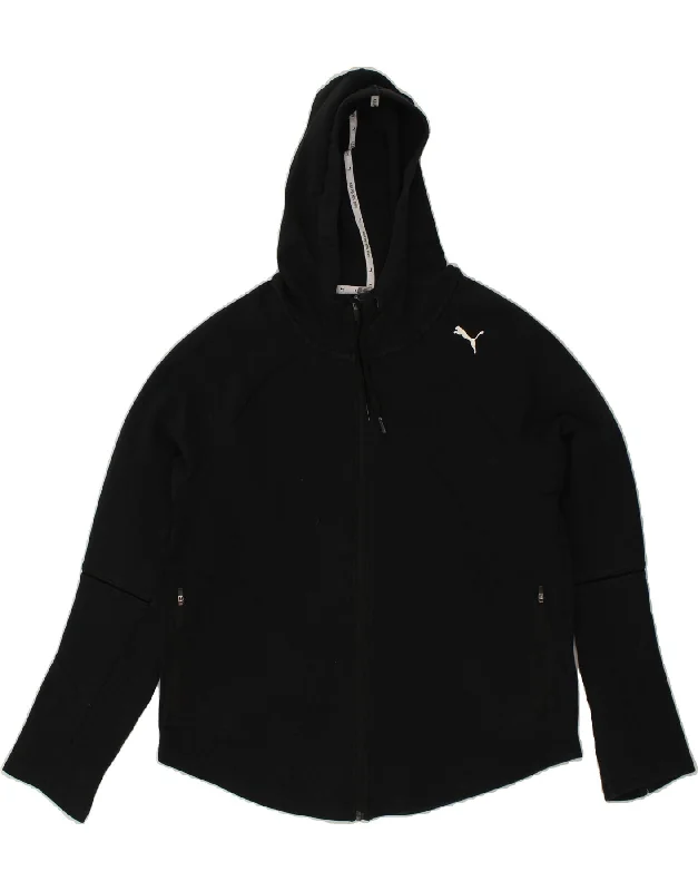 PUMA Womens Zip Hoodie Sweater UK 16 Large Black Cotton Fleece Sweater Nylon Polyester