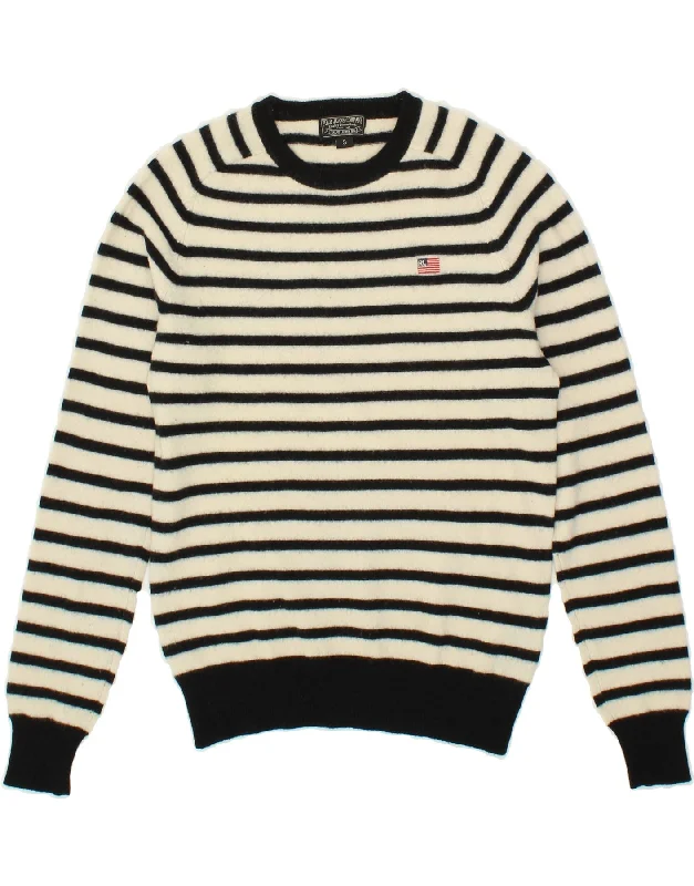 RALPH LAUREN Womens Crew Neck Jumper Sweater UK 10 Small White Striped Denim Fabric Leather Fabric Suede Fabric RALPH LAUREN Womens Crew Neck Jumper Sweater UK 10 Small White Striped Denim Fabric Leather Fabric Suede Fabric