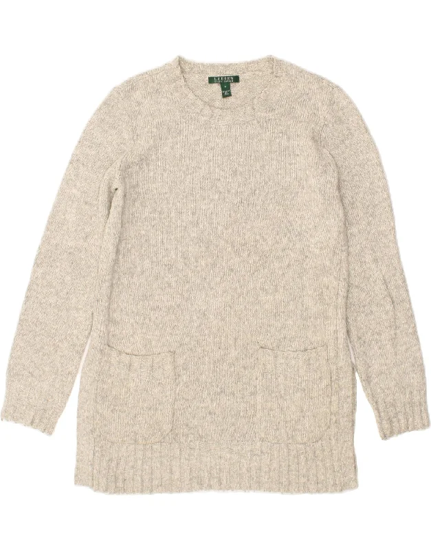 RALPH LAUREN Womens Crew Neck Jumper Sweater UK 14 Medium Beige Cotton Layered Multi-layer Single Layer