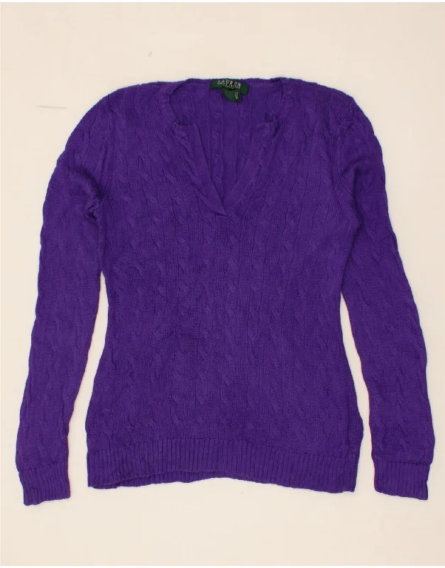 RALPH LAUREN Womens Petite V-Neck Jumper Sweater UK 10 Small Purple Cotton Handmade Hand-knitted Hand-woven