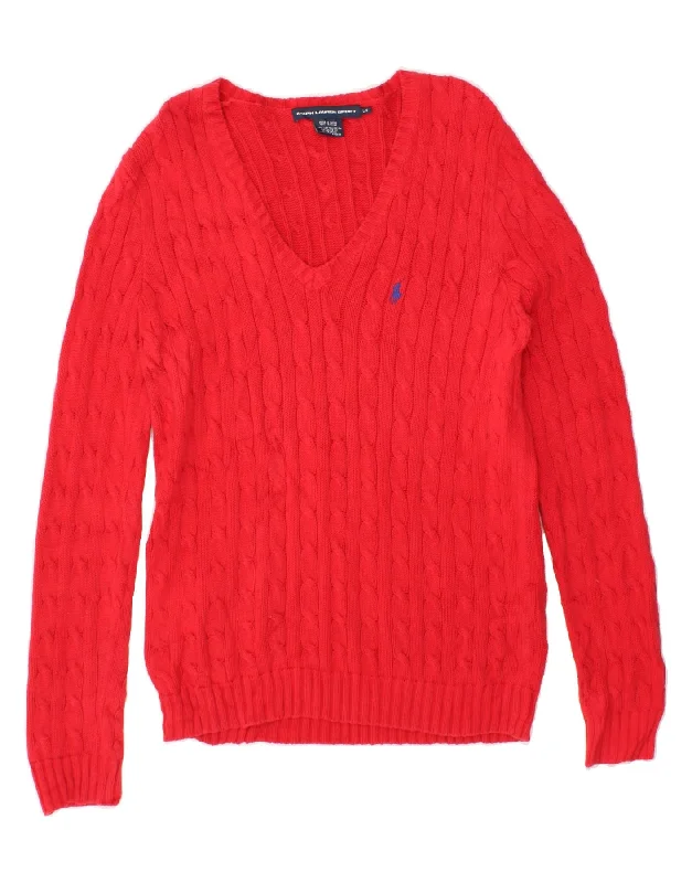 RALPH LAUREN Womens V-Neck Jumper Sweater UK 16 Large Red Striped Floral Plaid