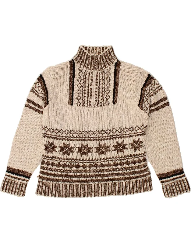 RASPBERRY Womens Zip Neck Jumper Sweater UK 14 Large Beige Fair Isle Polka Dot Checkered Tartan