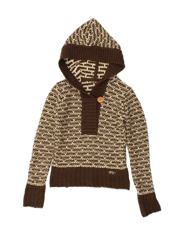ROXY Womens Hooded Button Neck Jumper Sweater UK 10 Small Brown Geometric Velvet Chenille Corduroy ROXY Womens Hooded Button Neck Jumper Sweater UK 10 Small Brown Geometric Velvet Chenille Corduroy
