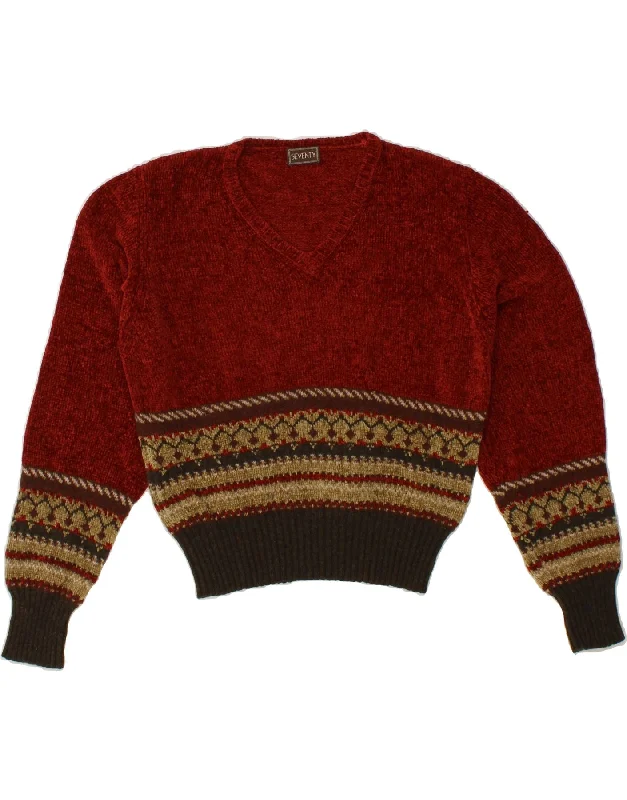 SEVENTY Womens V-Neck Jumper Sweater UK 14 Medium Burgundy Fair Isle Wool Terry Blend Velvet Blend Canvas Blend