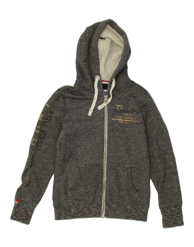 SUPERDRY Womens Graphic Zip Hoodie Sweater UK 12 Medium Grey Flecked Bright Pastel Dark