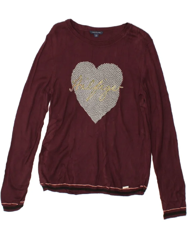 TOMMY HILFIGER Womens Graphic Boat Neck Jumper Sweater UK 10 Small Maroon Boat Neck Shawl Collar Notched Collar