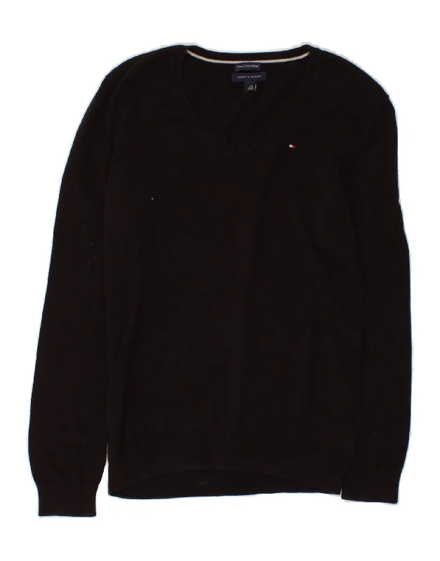 TOMMY HILFIGER Womens V-Neck Jumper Sweater UK 14 Large Black Cotton Spandex Blend Rayon Blend Denim Blend