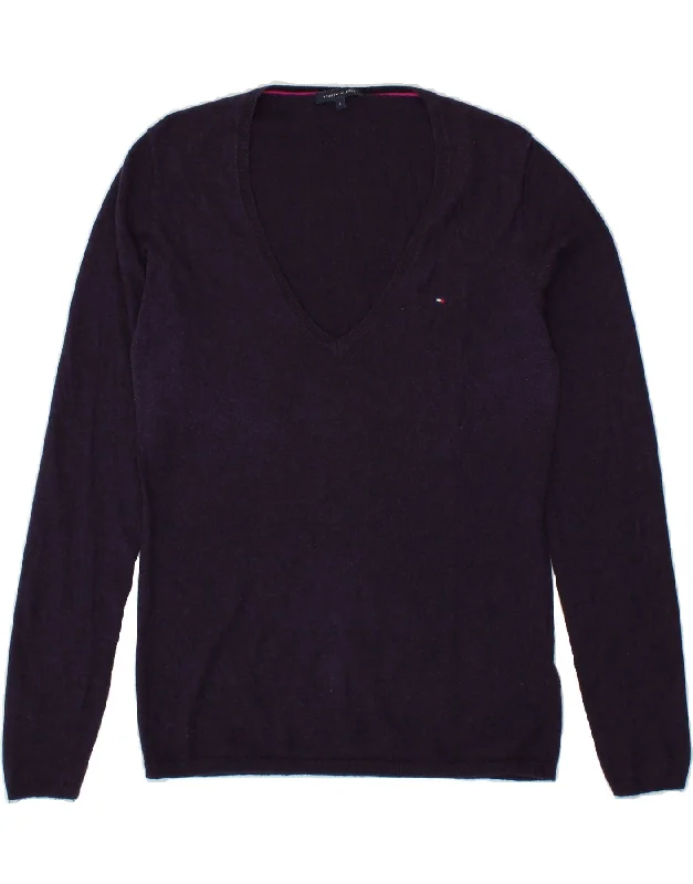 TOMMY HILFIGER Womens V-Neck Jumper Sweater UK 14 Large Navy Blue Wool Jersey Fabric Tulle Fabric Batik Fabric