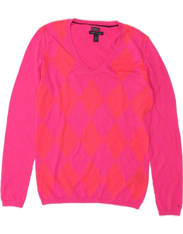 TOMMY HILFIGER Womens V-Neck Jumper Sweater UK 14 Medium Pink Houndstooth Herringbone Solid TOMMY HILFIGER Womens V-Neck Jumper Sweater UK 14 Medium Pink Houndstooth Herringbone Solid
