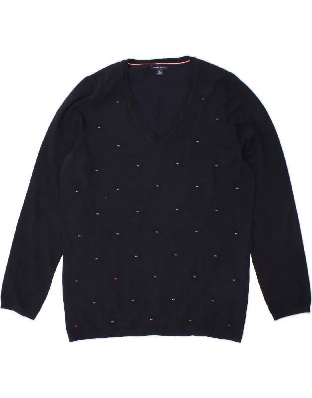 TOMMY HILFIGER Womens V-Neck Jumper Sweater UK 18 XL Navy Blue Cotton Zippered Front Buttoned Front Snap Front