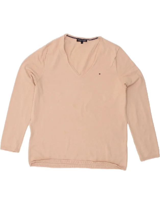 TOMMY HILFIGER Womens V-Neck Jumper Sweater UK 18 XL Pink Cotton Satin Blend Silk Blend Wool Blend
