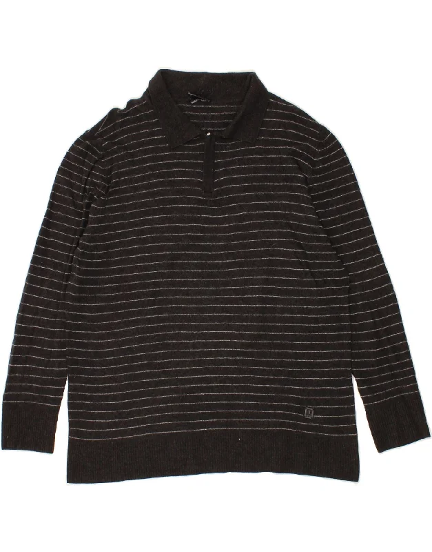 TRUSSARDI JEANS Womens Polo Neck Jumper Sweater UK 16 Large Grey Striped Terry Terry Cloth Terry Knit