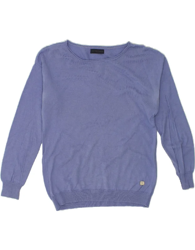 TRUSSARDI Womens Boat Neck Jumper Sweater UK 14 Medium Blue Houndstooth Herringbone Solid