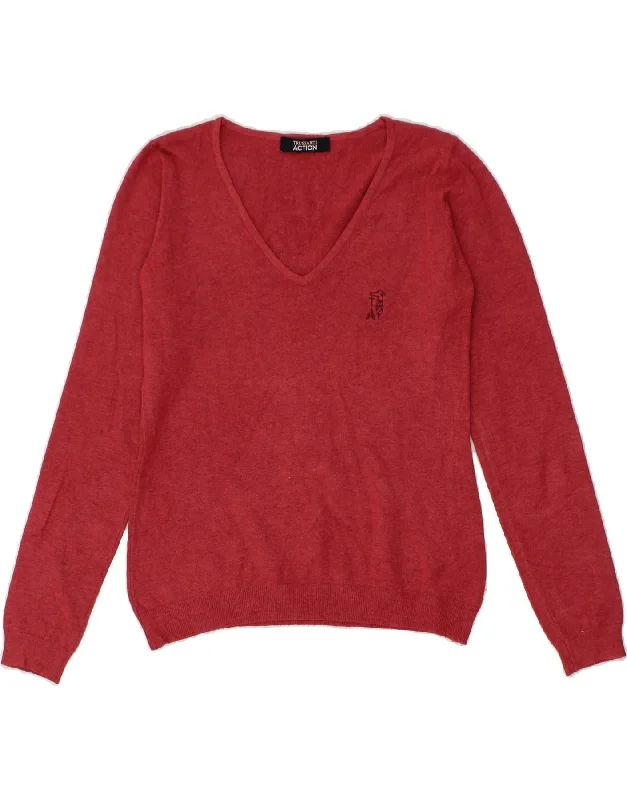 TRUSSARDI Womens V-Neck Jumper Sweater IT 42 Medium Red Neon Metallic Matte
