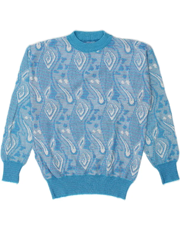 VINTAGE Womens Abstract Pattern Crew Neck Jumper Sweater EU 38 Medium Blue Spandex Blend Rayon Blend Denim Blend