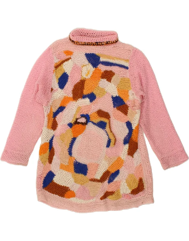 VINTAGE Womens Abstract Pattern Roll Neck Jumper Sweater UK 14 Medium Pink Print Jacquard Patchwork