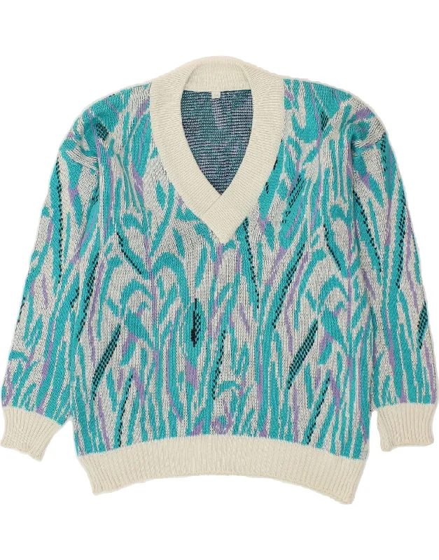 VINTAGE Womens Abstract Pattern V-Neck Jumper Sweater EU 50 3XL Turquoise Stretchy Elastic Breathable VINTAGE Womens Abstract Pattern V-Neck Jumper Sweater EU 50 3XL Turquoise Stretchy Elastic Breathable