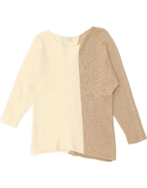 VINTAGE Womens Asymmetric Boat Neck Jumper Sweater UK 12 Medium Beige Toggled Drawstring Belted
