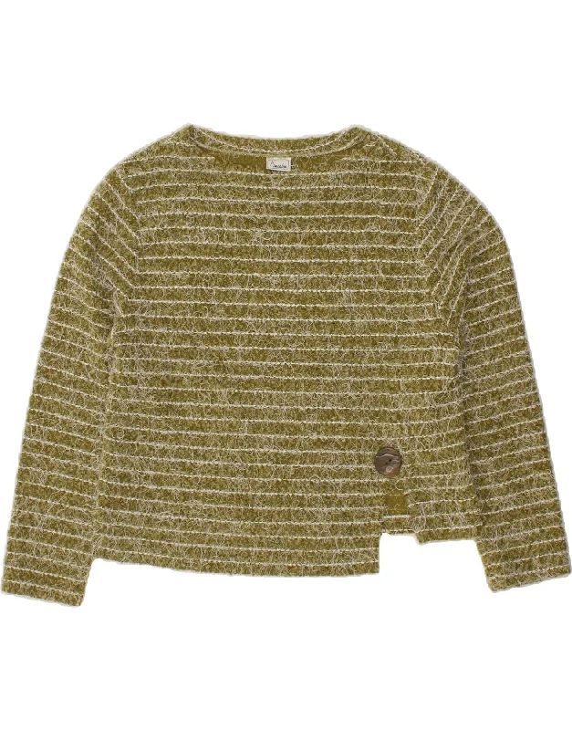 VINTAGE Womens Boat Neck Jumper Sweater IT 40 Small Khaki Striped Acetate Fitted Slim Tailored VINTAGE Womens Boat Neck Jumper Sweater IT 40 Small Khaki Striped Acetate Fitted Slim Tailored