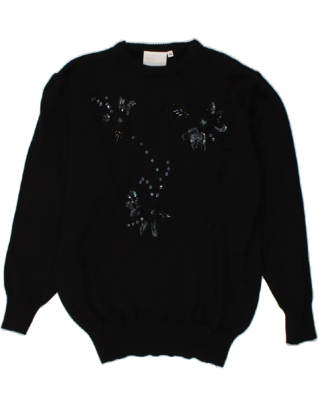VINTAGE Womens Boat Neck Jumper Sweater IT 44 Medium Black Polyacrylic Open Front Closed Front Wrap Front