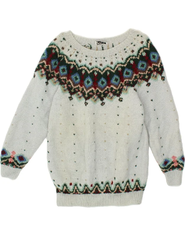 VINTAGE Womens Boat Neck Jumper Sweater UK 12 Medium Grey Fair Isle Mesh Sweater Canvas Denim