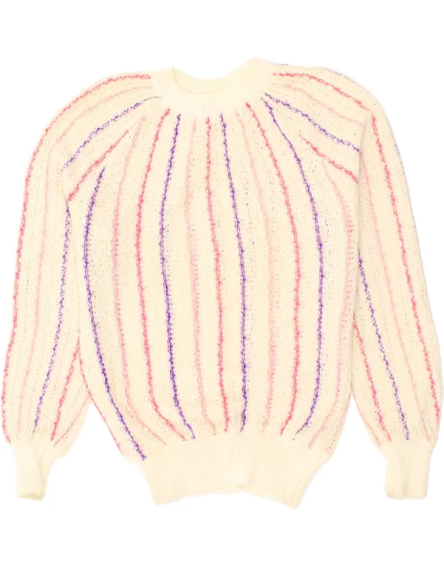 VINTAGE Womens Boat Neck Jumper Sweater UK 14 Large Beige Striped High Neck Crew Neck V-Neck