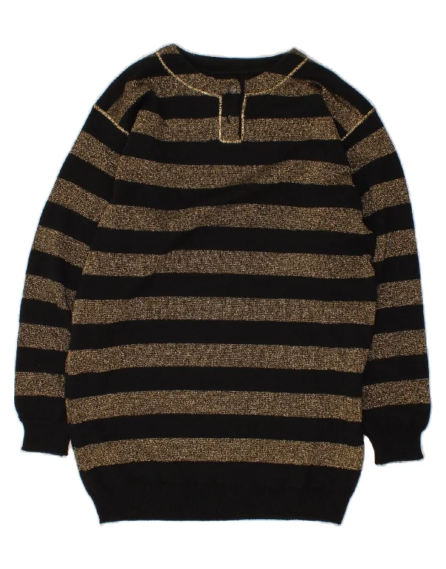 VINTAGE Womens Boat Neck Jumper Sweater UK 16 Large Black Striped Silk Blend Satin Velvet