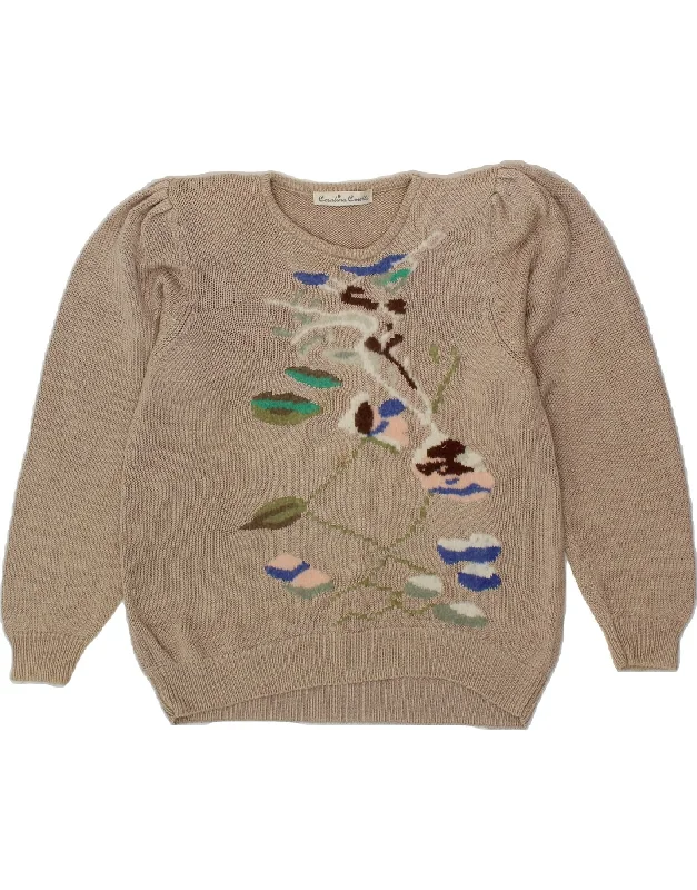 VINTAGE Womens Crew Neck Jumper Sweater IT 42 Medium Beige Floral Ramie Cable Knit Ribbed Knit Lace Knit
